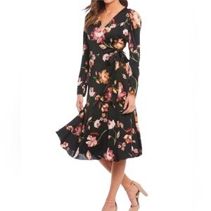 Maggy London Women’s Classic Black Dress Long Sleeve Floral Print V-Neck Midi